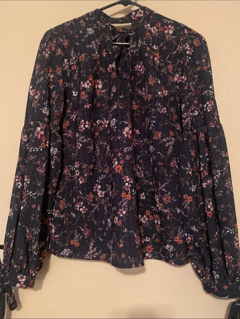 NWT Dark Floral Long-Sleeve Women's Blouse - Navy with Pink & Rust Flowers